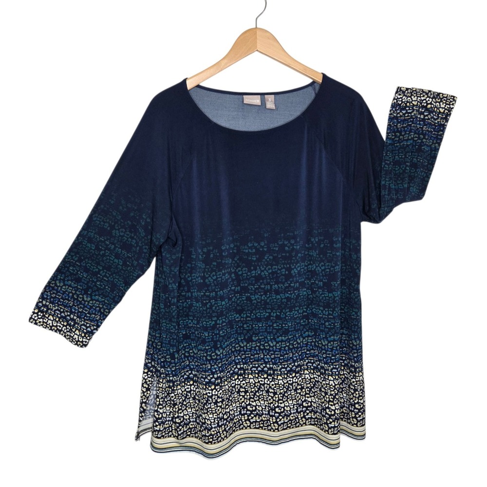 Chicos Womens Navy Blue Stretch Tunic Top Blouse SZ XL Ombré Speckle Mature